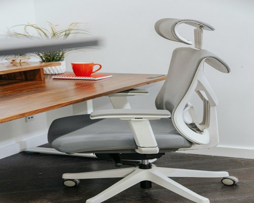 Close up of ergonomic adjustable home office chair with focus on lumbar support cushion